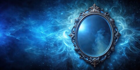 Obraz premium Ancient magic mirror with a mystical dark blue aura, ancient, magic, mirror, mystical, dark blue, aura, fantasy