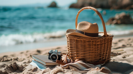 
A waterresistant wicker basket packed with a hat, camera, and books rests on the sandy beach, blending wood, fashion accessories, and art into the coastal landscape