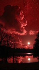 Naklejka premium A starry red night sky with huge pink clouds taking up most of the scenecanvas with afar bright moon