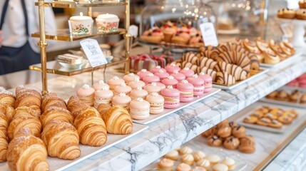 Classic French patisserie display with croissants, macarons