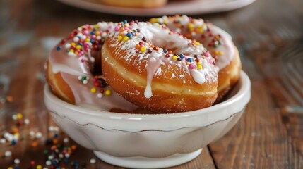 Indulge in scrumptious carnival donuts displayed in a charming ceramic bowl These delectable treats feature a decadent sweet dough generously filled with luscious vanilla cream and elegantl