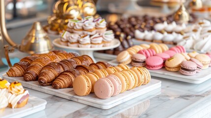 Naklejka premium Classic French patisserie display with croissants, macarons