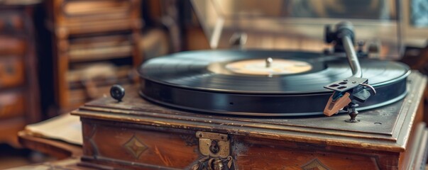 Obraz premium Vintage record player with vinyl disc in cozy interior