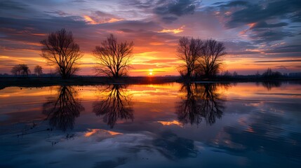 Silhouetted Trees Reflecting in a Calm Lake at Sunset
