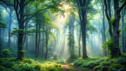Fototapeta premium Mystical mist-enveloped forest with towering trees and verdant foliage, crafting an ethereal ambiance, mystical, mist