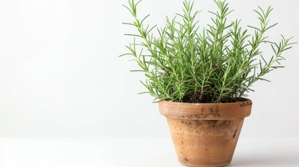 Aromatic Rosemary in Pot on White Background for Text with Home Gardening Idea