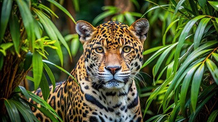 Stealthy jaguar camouflaged in tropical forest underbrush , wildlife, predator, camouflage, stalking, hunt, feline, jungle