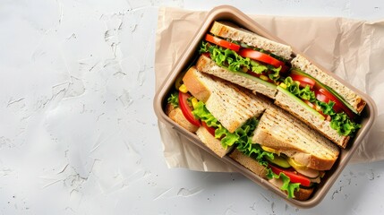 Lunch box with sandwich and vegetables top view angle on isolated background. Generative AI