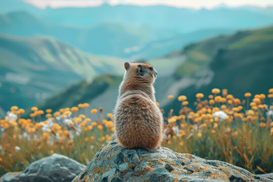 A lone marmot sits on a rock, gazing out over a field of wildflowers and a mountain range.  The image evokes a sense of peace and tranquility.