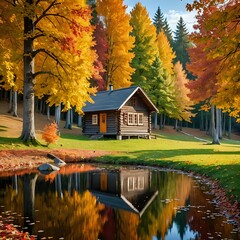 Obraz premium A serene autumn landscape with colorful trees and falling leaves, a small wooden cabin in the background, warm and cozy atmosphere