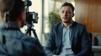 Man in a suit being interviewed on camera, with focus on his thoughtful expression.