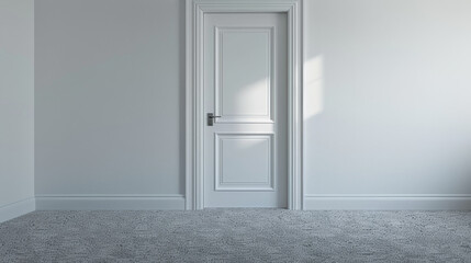 Simple white door in a room, with a patch of sunlight illuminating the textured gray carpet and wall.