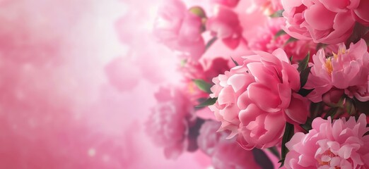 A vivid image of pink peonies in full bloom against a soft pink background. The composition is aesthetically pleasing with a gentle gradient that enhances the vibrancy of the flowers.