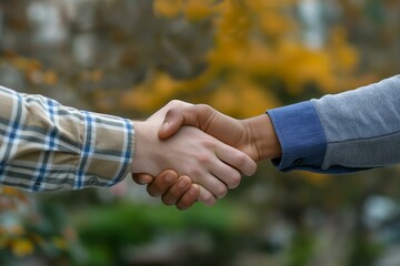 A close-up shot of two individuals shaking hands in a professional setting with a blurred outdoor background.