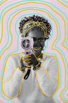 Collage woman filming with super 8 camera