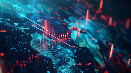 Growing upward arrows, map and forex chart on wide dark background. Global trends, trading and finance concept. 
