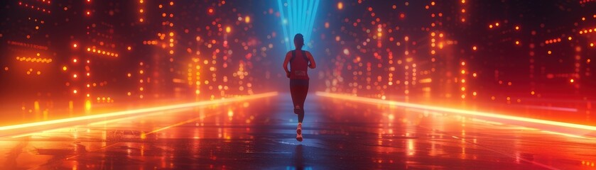A lone figure runs through a futuristic city illuminated with glowing lights.