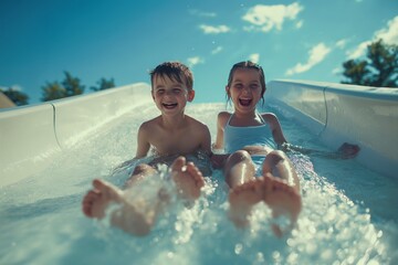 Kids sliding down water slide, laughing and having fun.