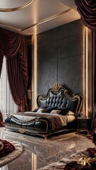 Fototapeta premium A sumptuous luxury bedroom interior, rendered in 4K resolution, situated in a upscale mansion