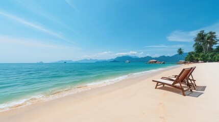 Sandy beach with chairs overlooking the calm sea, untouched paradise, crystal clear waters, serene and peaceful setting, ideal for a getaway