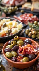 Fototapeta premium Delicious Tapas: Olives, Salami and Cheese on a Rustic Table