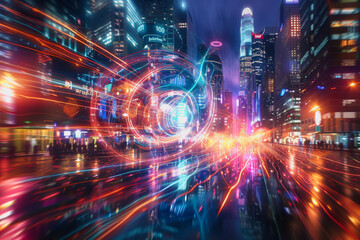 Obraz premium High-tech urban skyline at night with neon lights and digital wave