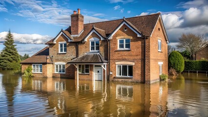 A picture depicting a house impacted by flooding , home insurance, flood damage