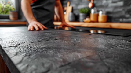 new countertop is installed in a modern kitchen. A persons hands are seen on the new surface