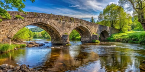Fototapeta premium Old stone bridge over gently flowing river, scenic, picturesque, historic, ancient, architecture, bridge, stone, water