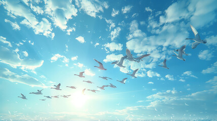 A flock of geese flies in a perfect V formation across the sky, heading towards their migration destination. The sky is a brilliant blue, with a few scattered clouds.
