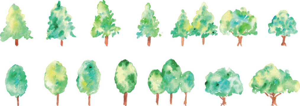 水彩画。水彩タッチのベクター森林素材。手描きの自然イラスト。緑の植物背景。森と木。Watercolor painting. Vector forest material with watercolor touch. Hand drawn nature illustration. Green vegetation background. Forest and trees.