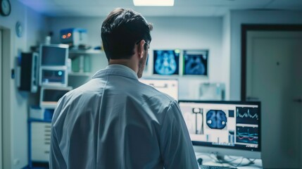 Rear view of a doctor looking at a computer screen in a clinic room. Generative AI
