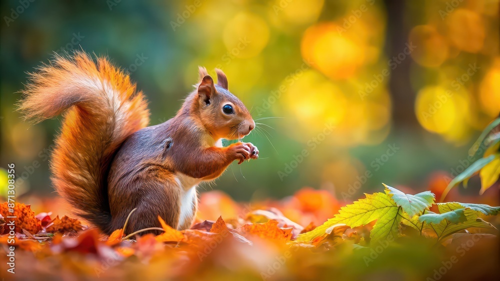 Wall mural Red squirrel foraging for acorns in the vibrant autumn forest , squirrel, autumn, forest, animal, wildlife, nature, red