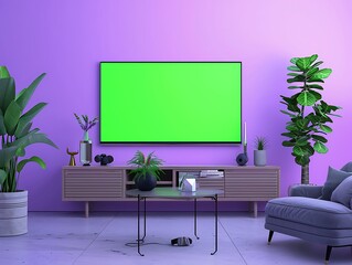 Modern Living Room with Green Screen TV and Purple Walls