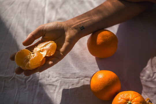Hand holding citrus slices 