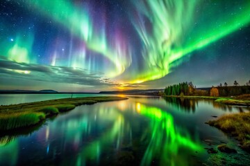 Fototapeta premium A beautiful night sky with a green aurora and a lake in the background