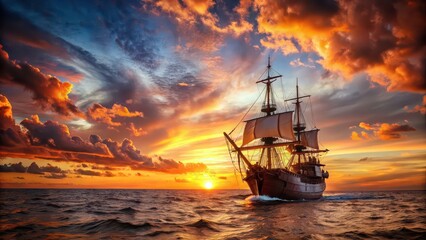 Obraz premium Spanish galleon sailing into a fiery sunset on the open ocean, sunset, voyage, Spanish, galleon, ship, ocean