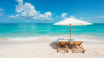 Fototapeta premium Oceanfront sun loungers under a beach umbrella, paradise beach, turquoise waters, golden sand, serene and inviting setting