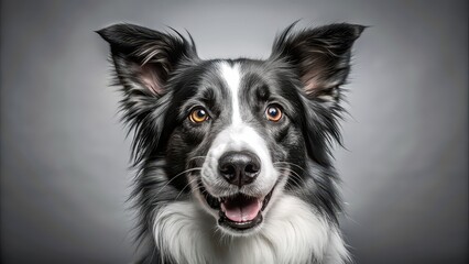 Playful Collie dog with expressive eyes and energetic demeanor in a monochromatic setting, collie, dog