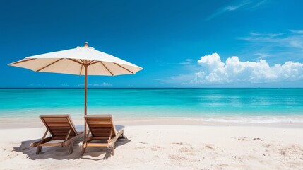 Fototapeta premium Oceanfront sun loungers under a beach umbrella, paradise beach, turquoise waters, golden sand, serene and inviting setting