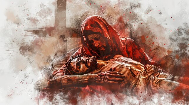 Sixth Sorrow. Mother Mary cradling Christ's body. Watercolor cross in the background. Digital illustration.