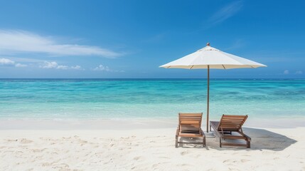 Paradise beach with sun loungers, umbrella, and ocean view, golden sand, crystal clear water, tranquil and relaxing atmosphere