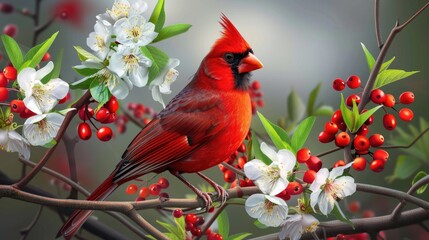 a red bird sitting on a branch of a tree with white flowers and red berries on it's branches