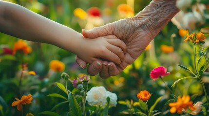 An elderly person holding the hand of a child. Generative AI