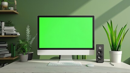 Modern Home Office Workspace with Green Screen Computer