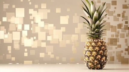 Pineapple rendered in abstract pixel art, merging sepia tones with vibrant pixels, detailed pixel squares, dynamic and colorful composition