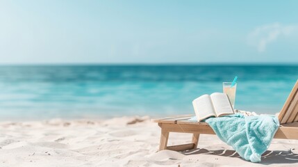 Relaxing sun lounger on a paradise beach, beach towel, book and refreshing drink, idyllic island setting, calm and tranquil atmosphere