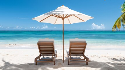 Relaxing sun loungers under an umbrella, beach and ocean view, paradise beach setting, calm and inviting atmosphere