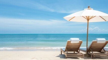 Relaxing sun loungers under an umbrella, beach and ocean view, paradise beach setting, calm and inviting atmosphere