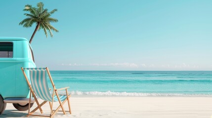 Retro van with travel gear, deck chair set up on a beach paradise, turquoise ocean, palm trees, warm sunlight, ready for a perfect getaway